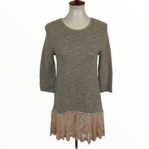 Dylan Small Knit Sweater Dress Gray Lace Hem Boho Chic Cozy Long Sleeve Tunic